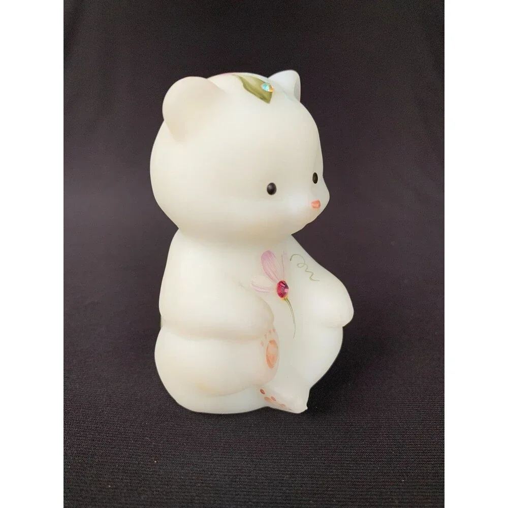 Vintage Fenton Glass Bear White Satin 2 Rhinestones 3.50” Figurine Hand Painted